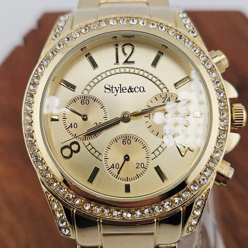 Style & Co Women's Gold Tone Multi Dial Wrist Watch Crystal Bezel Glitz Elevated